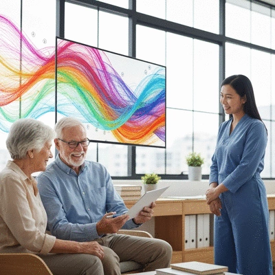 Elderly couple discussing retirement plans with a financial advisor, showing diverse income streams