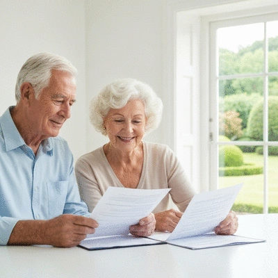 Elderly couple reviewing financial documents at home, looking content, no text, no words, no typography, clean image