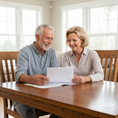 Senior couple reviewing financial documents at home
