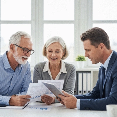 Senior couple discussing finances with a financial advisor, looking at documents and a tablet, bright office setting, no text, no words, no typography, 8K
