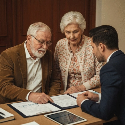 Elderly couple discussing finances with a financial advisor, showing documents and a tablet