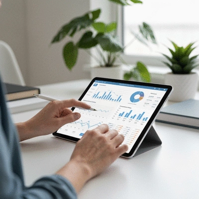 Person using a tablet to calculate finances, showing graphs and data related to retirement planning