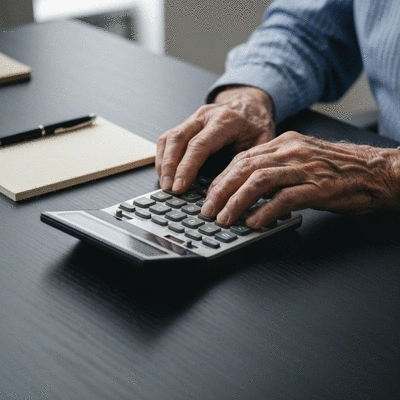 Close-up of a financial calculator on a desk with a pen and notepad, elderly hands visible, no text, no words, no typography, clean image, 8K