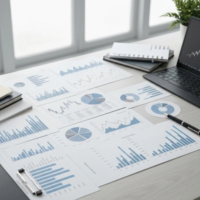 Diverse investment portfolio with charts and graphs