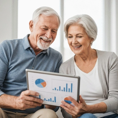 Elderly couple looking happily at financial charts on a tablet, symbolizing retirement income planning