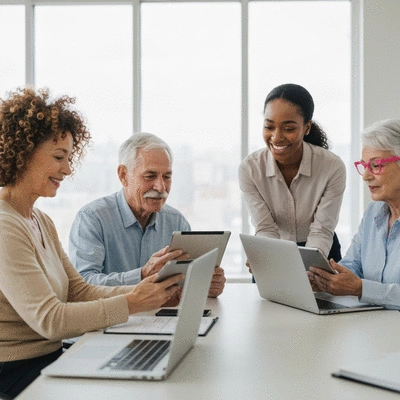 Diverse group of seniors using tablets and discussing financial planning with a professional