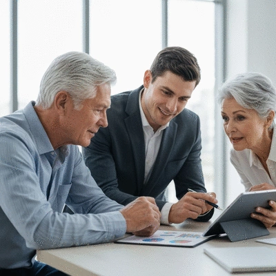 Senior couple discussing finances with a financial advisor, looking at charts on a tablet