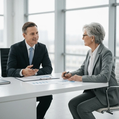 Financial advisor consulting with a senior individual, discussing retirement planning documents, in a modern office setting, no text, no words, no typography, 8K