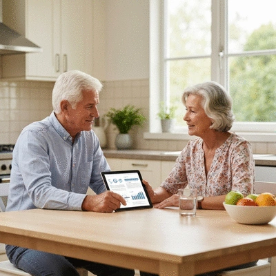 Senior couple discussing financial plans with a tablet