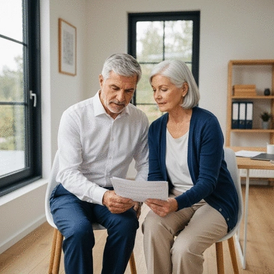 Senior couple reviewing financial documents at home, looking thoughtful
