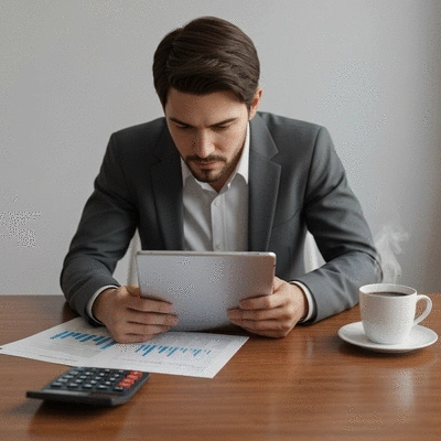 Person reviewing financial documents on a tablet with a calculator and coffee on a desk