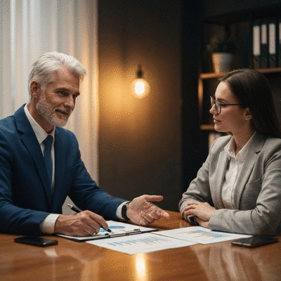 Financial advisor explaining pension plan to a senior client in an office