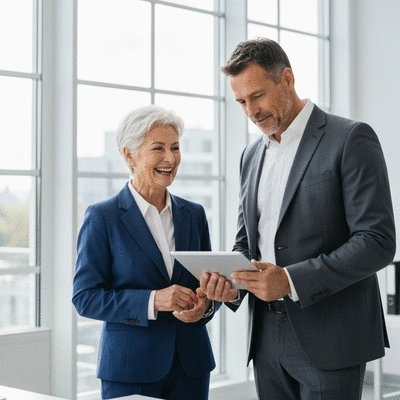 Senior woman joyfully talking with a financial advisor, looking at a tablet