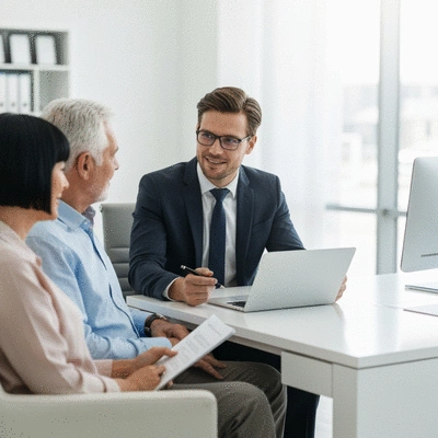 Financial advisor discussing retirement plans with a senior couple in a modern office, showing engagement and trust