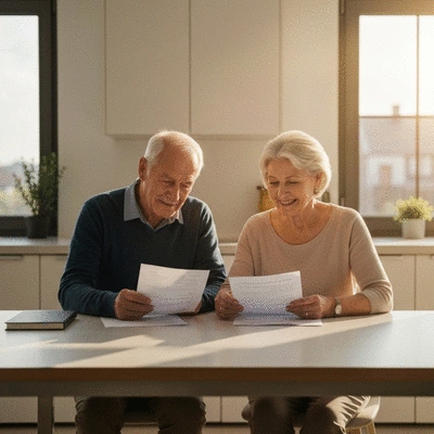 Elderly couple reviewing financial documents at a kitchen table