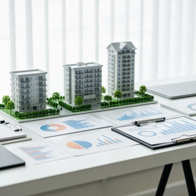 Diversified investment portfolio with real estate elements, charts, and graphs