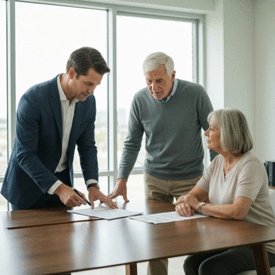 Financial advisor explaining Social Security benefits to a senior couple