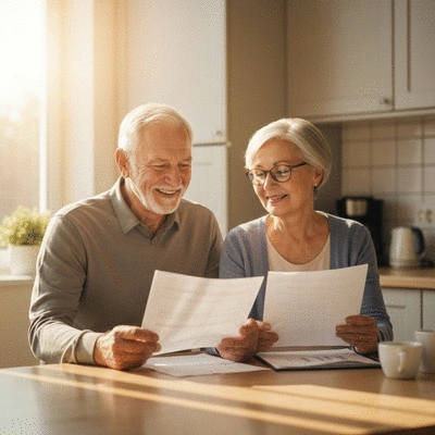 Elderly couple reviewing financial documents at a kitchen table, smiling