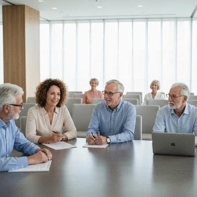 A diverse group of retirees engaged in a financial planning seminar, looking attentive and discussing, no text, no words, no typography, clean image