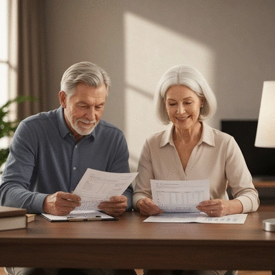 Senior couple reviewing tax documents and investment statements at home