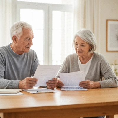Senior couple reviewing documents at a table