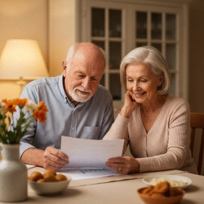 Elderly couple reviewing financial documents together