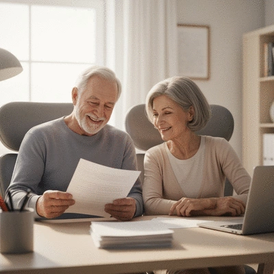 Elderly couple reviewing financial documents at home, smiling and relaxed