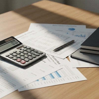 Close-up of a calculator and financial documents on a desk, symbolizing retirement planning and budgeting, no text, no words, no typography, 8K