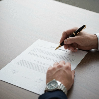 Close-up on hands holding a life insurance policy document with a pen, signing, on a wooden desk, no text, no words, no typography, 8K