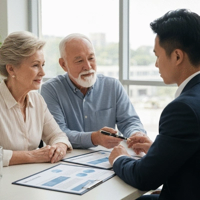 Senior couple discussing IRA options with a financial advisor, focus on financial planning documents, no text, no words, no typography, clean image, 8K