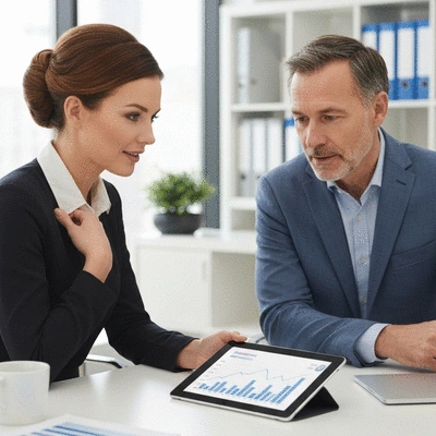 Financial advisor consulting with a client, showing a graph on a tablet