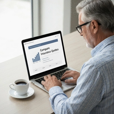 Senior adult using a laptop to compare insurance quotes online
