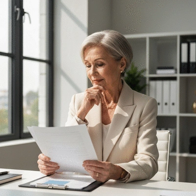 Elderly person reviewing financial documents with a thoughtful expression