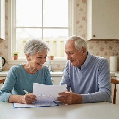 Elderly couple reviewing healthcare documents together