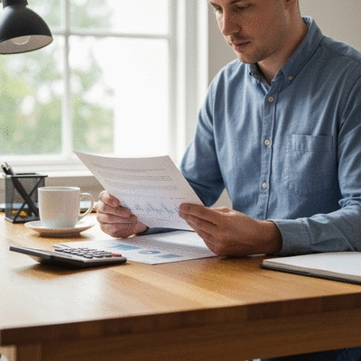 Person reviewing retirement planning documents with a calculator and coffee on a clean desk, representing strategic financial planning