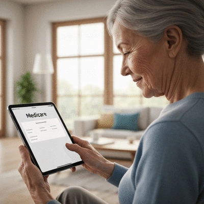 Older adult using a tablet with a Medicare application