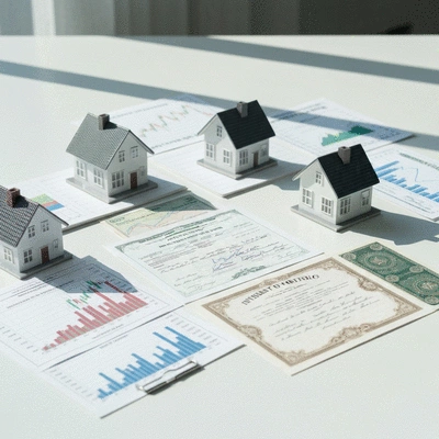 Diverse investment portfolio on a table, with charts and graphs
