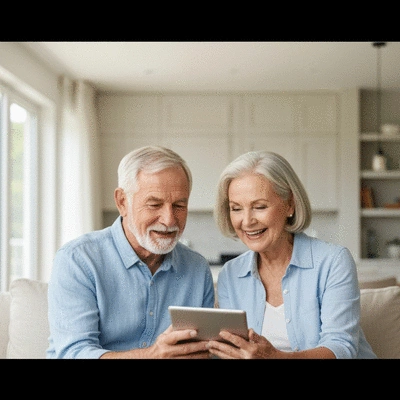 Elderly couple discussing retirement plans on a tablet, with a house in the background