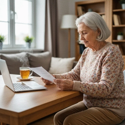 Elderly woman reviewing her financial documents at home, with a laptop and a cup of tea