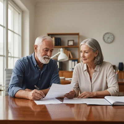 Elderly couple reviewing financial documents at a desk, looking thoughtful and engaged in tax planning