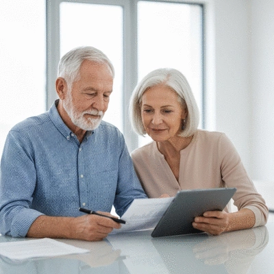 Senior couple reviewing health insurance documents at a table