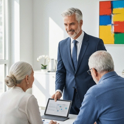 Financial advisor explaining retirement plans to a senior couple on a tablet