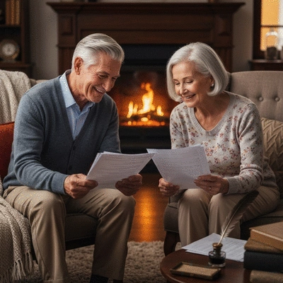 A senior couple happily reviewing financial documents together at home