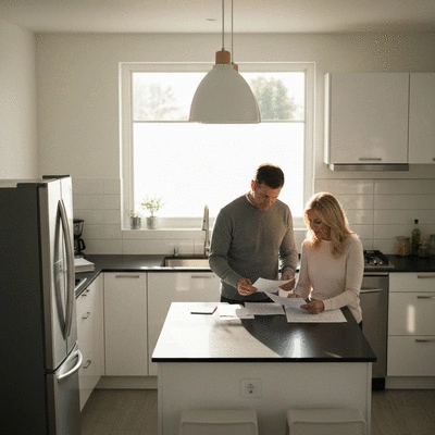 Elderly couple reviewing financial documents at home, focus on clarity and security