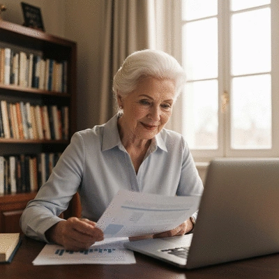 Senior woman reviewing financial documents and a laptop, symbolizing continuous learning in financial literacy