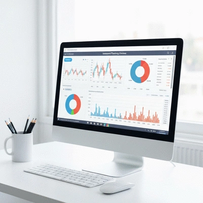 Diverse investment portfolio on a computer screen with graphs and charts, symbolizing financial planning