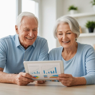 Elderly couple reviewing financial documents at home, smiling, with a tablet showing financial graphs in the background, no text, no words, no typography, 8K