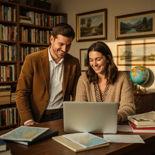 Happy senior couple reviewing financial documents