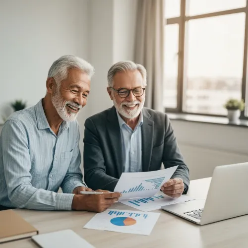 Senior couple reviewing investment documents with a financial advisor